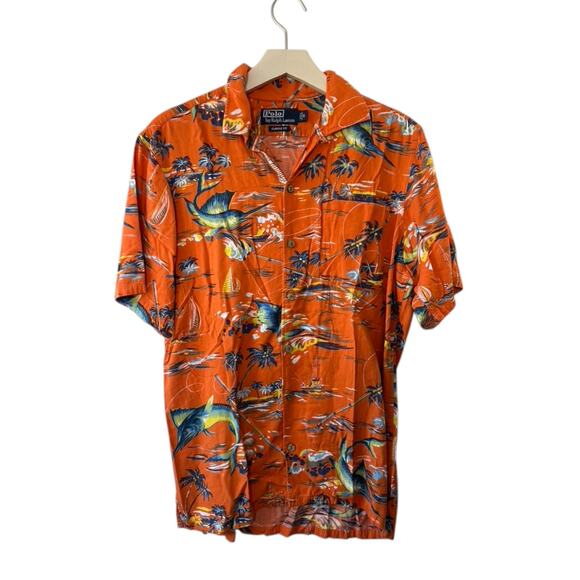 POLO by Ralph Lauren Classic Fit Orange Marlin Print Button Up Shirt Men's Small - Picture 1 of 6